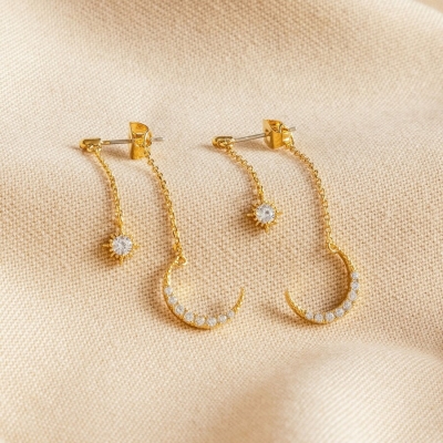 Crystal Star & Moon Double Drop Earrings in Gold