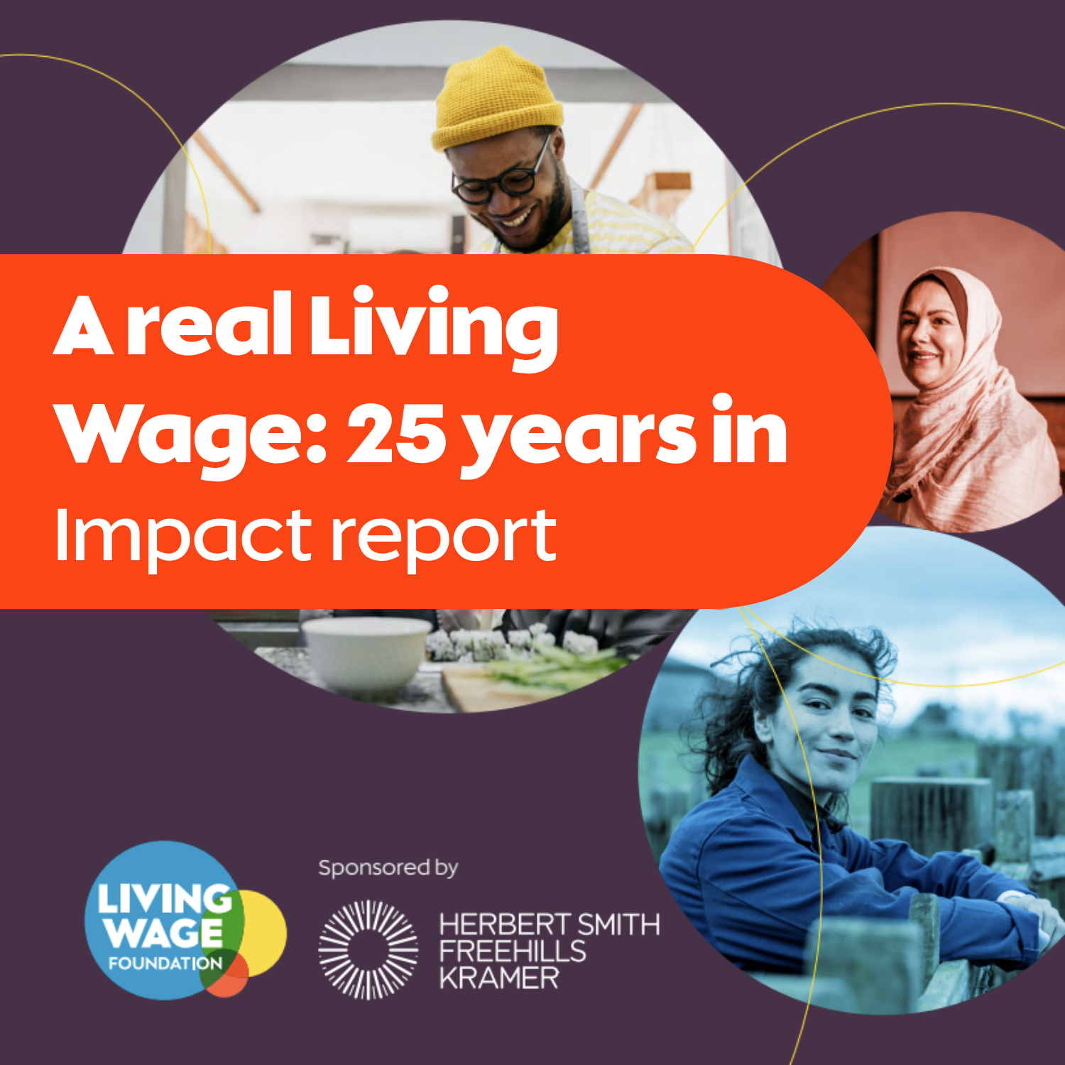Purple background with images of workers in circles: "A real Living Wage: 25 years in impact report"