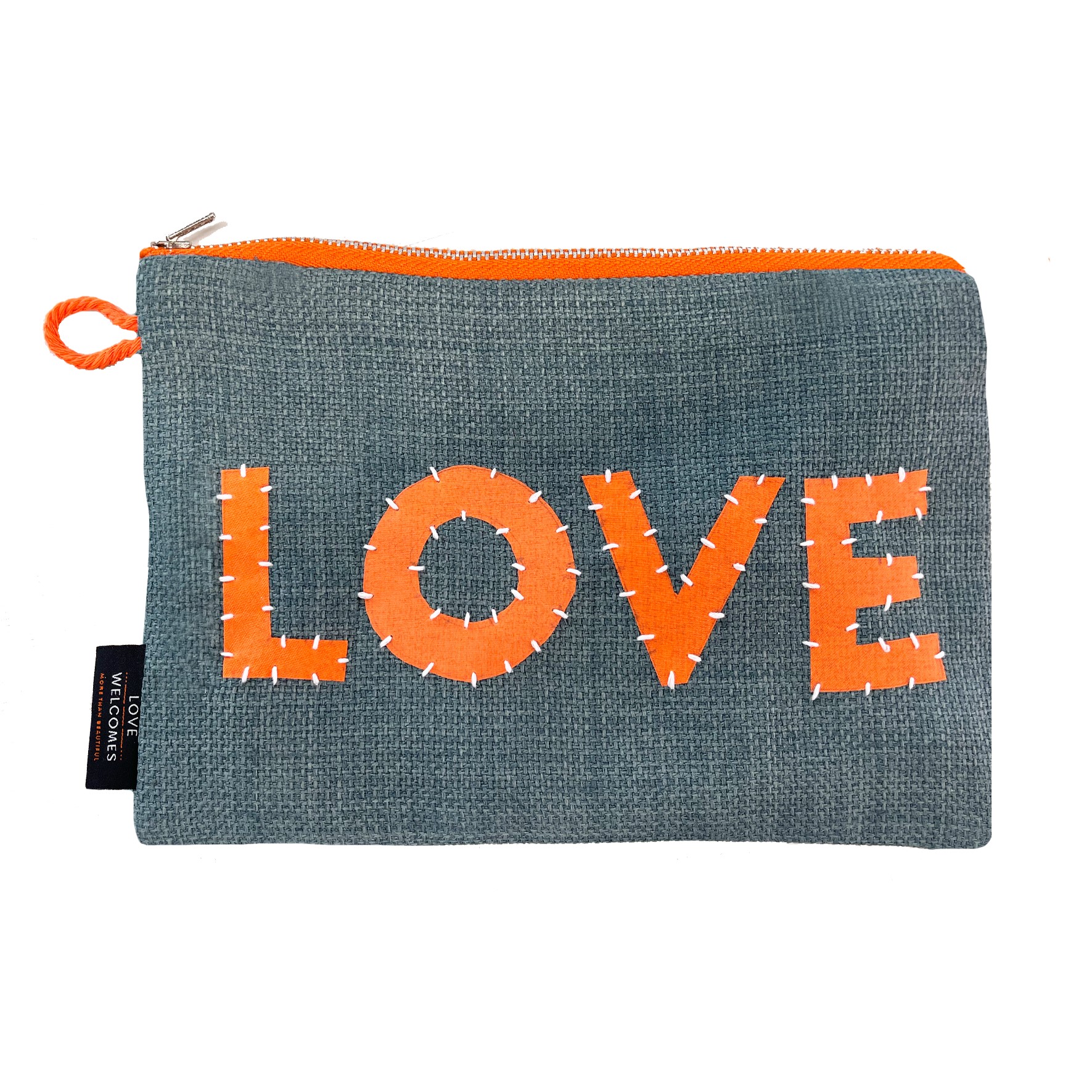 Washbag made from recycled materials with the word love embroidered