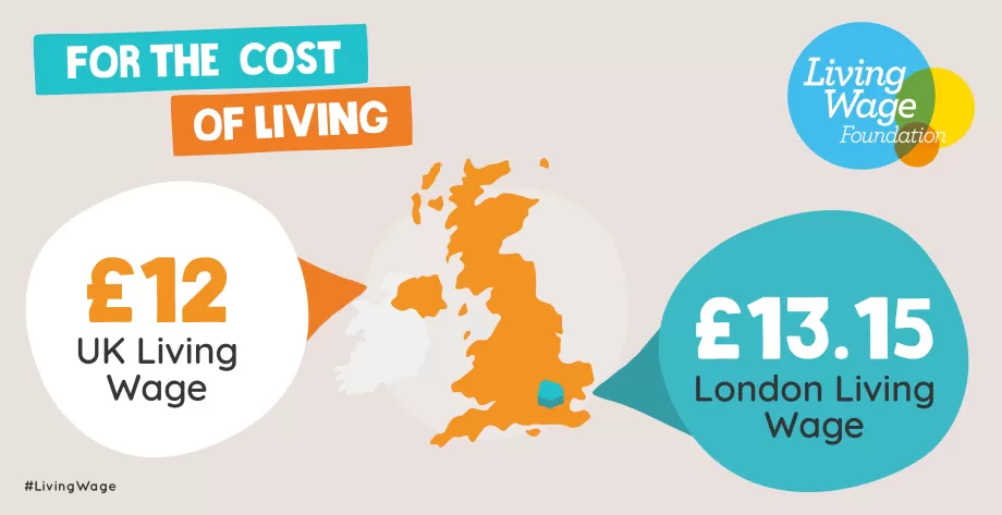 Living Wage rates 2023-24 (£12 UK, £13.15 London) on map image