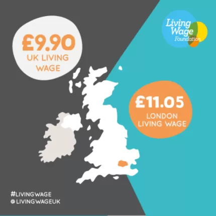 Map of the UK with the value of the new UK and London Living Wage written on it
