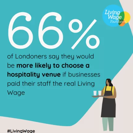 Graphic with drawing of waitstaff and the writing "66% of Londoners say they would be more likely to choose a hospitality venue if businesses paid their staff the real living wage"