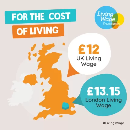 map with bubbles containing new UK and London Living Wage rates - £12 across the UK, £13.15 in London