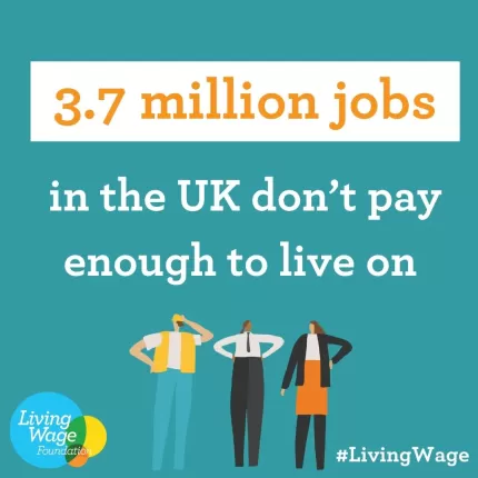 Blue background. '3.7 million jobs in the UK don't pay enough to live on". Group of cartoon images of workers stand at bottom. #LivingWge
