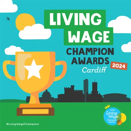 Cartoon-style image of the Cardiff skyline in red against a grey sky and white clouds with a large Living Wage Champion Awards 2024 logo hovering to the left hand side. 'Living Wage Champion Awards 2024 Cardiff' printed on the right hand side. 