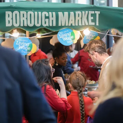 Adrian Pope photo Borough Market with Living Wage Bunting up