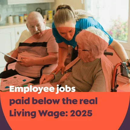 A caregiver helps an elderly woman in a wheelchair while an older man sits nearby. Text reads “Employee jobs paid below the real Living Wage: 2025,” with Living Wage Foundation branding and a February 2026 credit.