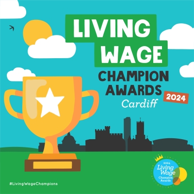 Cartoon-style scene of Cardiff skyline on green grass against blue sky filled with white clouds. A large trophy with a star on it fills the left side. 'Living Wage Champion Awards Cardiff 2024'